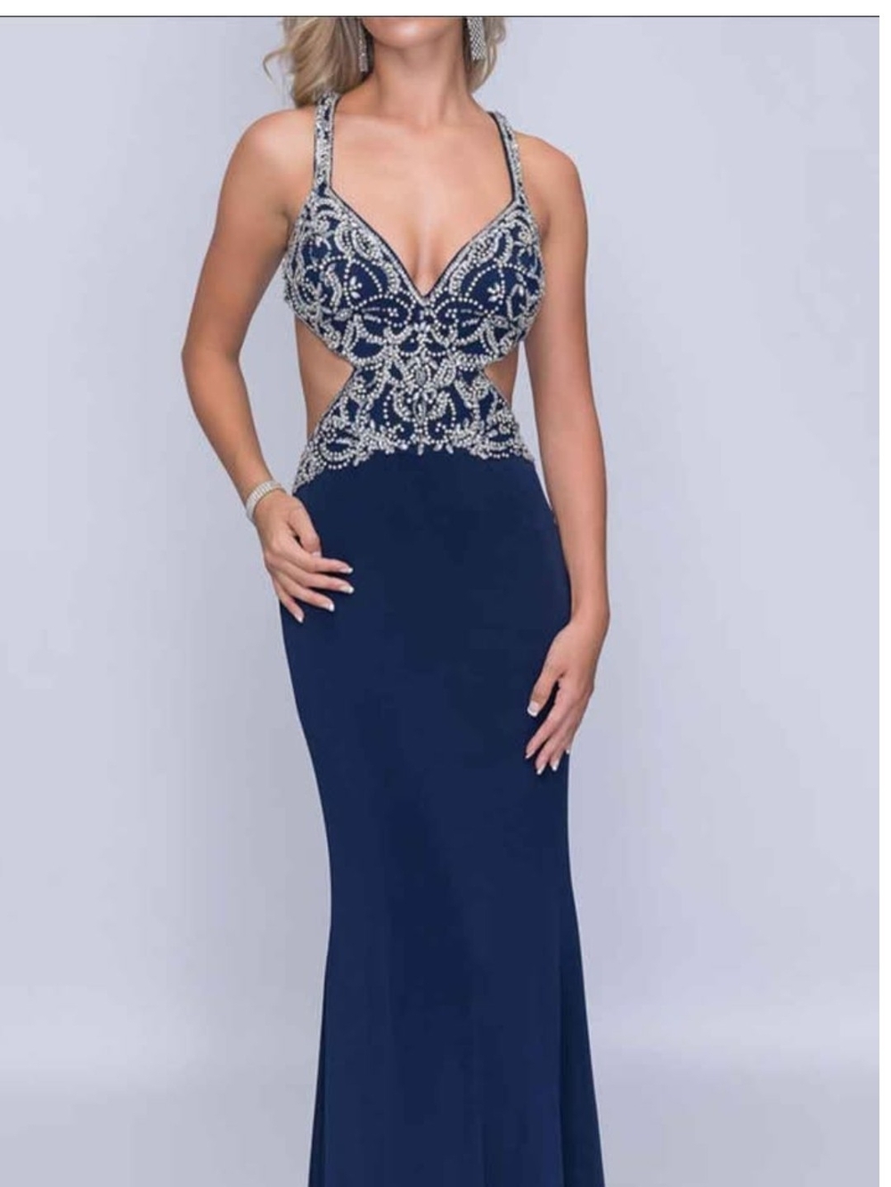 Navy Beaded Cutout Evening Gown - Women's Dress
